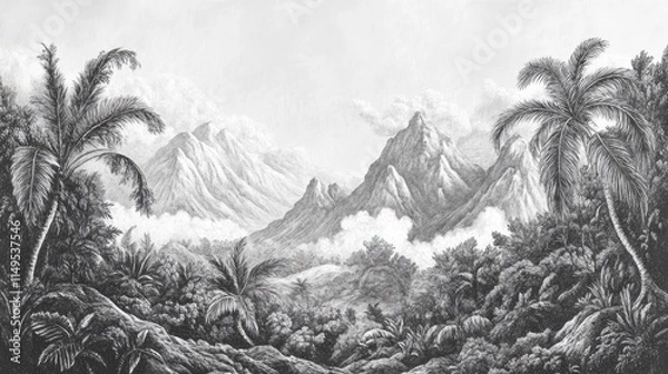 Fototapeta wallpaper vintage landscape drawing of jungle mountains with trees fog and clouds in black and white design for wallpaper, wall art, print, fresco, mural