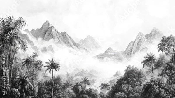 Fototapeta wallpaper vintage landscape drawing of jungle mountains with trees fog and clouds in black and white design for wallpaper, wall art, print, fresco, mural