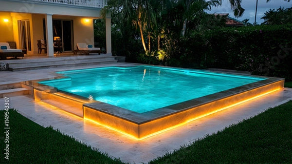 Fototapeta Illuminated Square Pool, Night, Tropical Home, Relaxing Backdrop, Luxury Real Estate. generative ai