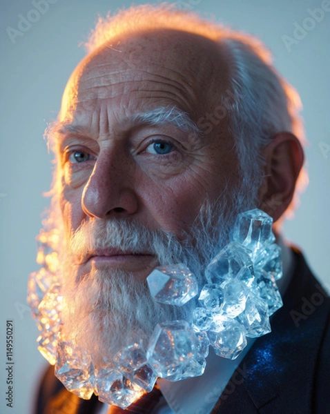 Fototapeta Elderly Man with a Crystalline Ice Beard Reflecting Ambient Glowing Highlights