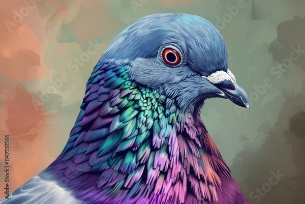 Fototapeta Close up of a pigeon with vibrant, iridescent feathers, showcasing the beauty of nature's color palette