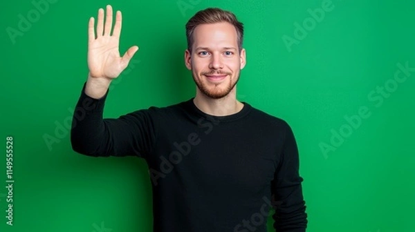 Obraz Smiling Man with Five Fingers Up Against Green Background