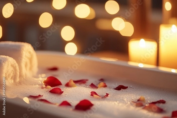 Fototapeta Relaxing spa bath experience with rose petals romantic setting home spa soft lighting