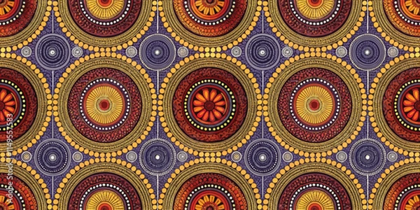 Fototapeta Colorful circular patterns in vibrant shades of red, orange, and yellow, creating a lively textile design.