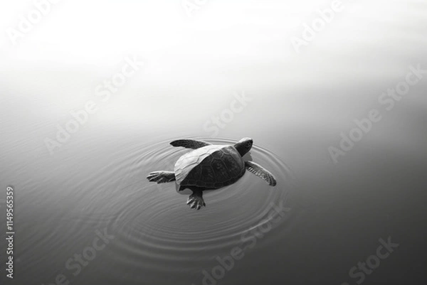 Fototapeta Graceful Turtle Swimming in Serene Lake. Black and White Photography. Generative AI