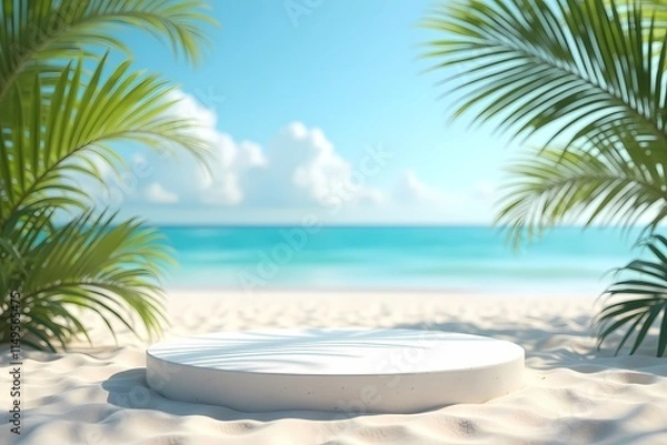 Obraz Minimalist Product Display Podium with Waves and Blue Sky Backdrop.