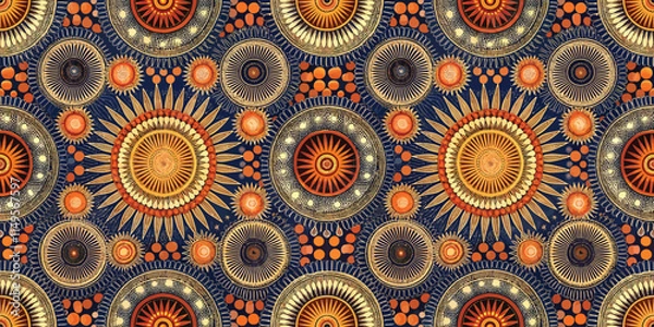 Fototapeta Intricate circular patterns in warm hues create a vibrant textile design.