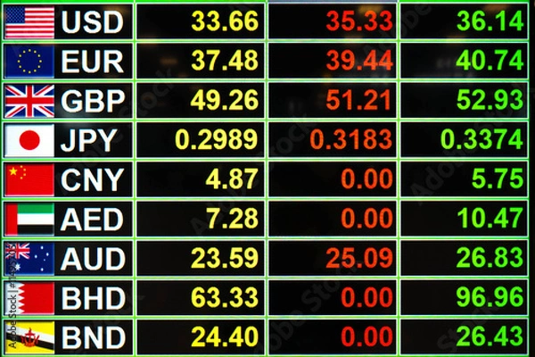 Fototapeta Exchange rate on LED digital board for business money concept