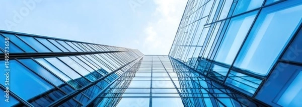Fototapeta Low angle view of a modern glass building with blue sky and clouds reflecting in the windows.