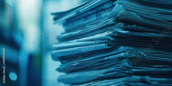 Fototapeta A stack of newspapers, media and news in digital marketing. Vibrant blue hues with a blurred background for depth.