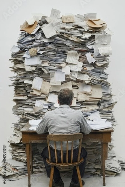 Fototapeta A tired man sits at his desk, surrounded by stack of papers and documents, against a white background