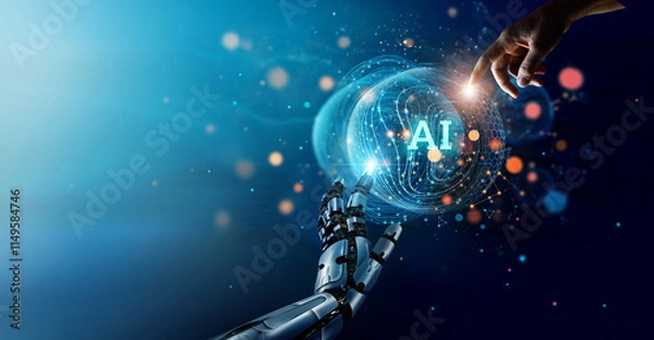 Obraz .AI, Machine learning, Hand of robot and human touching on big data network connection, Artificial intelligence use for efficiency data analysis and enhanced work,Science and innovation for futuristic