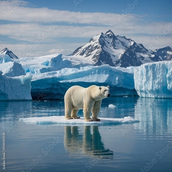 Obraz A polar bear standing on an iceberg with shimmering blue waters and glaciers behind.