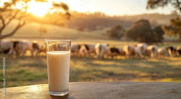 Fototapeta A glass of milk on the table with cows in a farmland in the background and a green grassland with sunlight shining through the clouds. 