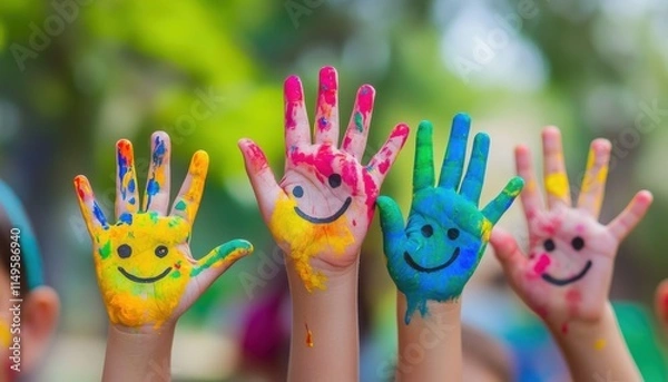 Fototapeta A group of hands with colorful paint on them, each hand holding up their palm and smiling face painted in the middle of it. 