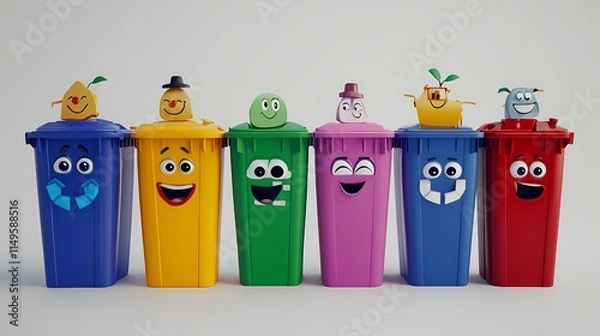 Obraz Colorful Cartoon Trash Bins with Smiling Faces and Playful Personalities for Fun Waste Management Education and Promotion of Recycling Initiatives