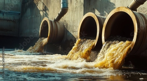 Fototapeta A magnificent shot of water pouring out from three large pipes into the river, showing dirty brown and yellow sludge in their walls. 