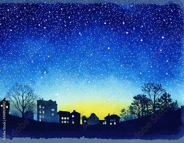 Obraz 은하수 가득한 밤하늘 지평선 건물 실루엣 풍경