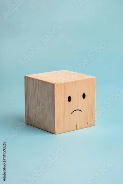 Fototapeta Wooden cube with a sad face on a blue background, a positive-negative space concept