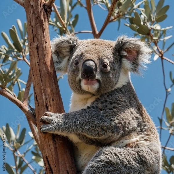 Obraz A koala cuddled up in a eucalyptus tree under a soft blue sky.