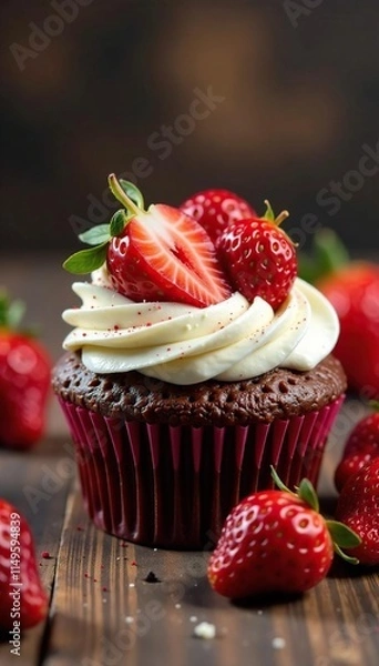 Fototapeta A stunning strawberry-topped chocolate cupcake adorned with fresh strawberries and whipped cream, sweet arrangements, strawberry cupcakes,