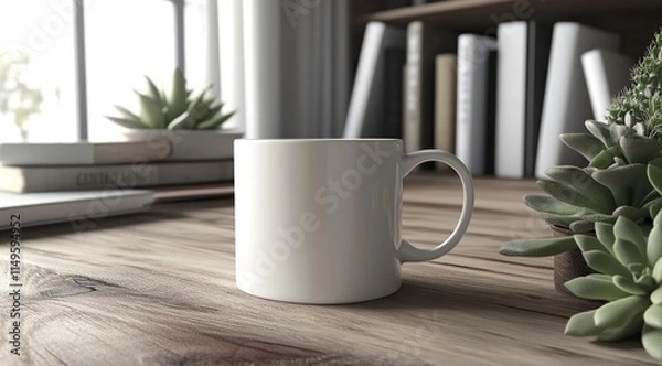 Fototapeta White Mug Sits on Wooden Desk near Succulents, Books and Window. Relaxing Home Office Atmosphere.