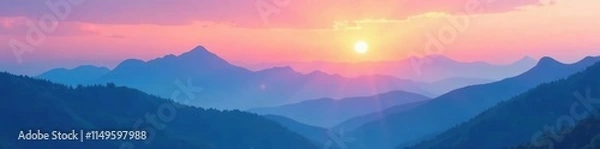 Fototapeta Softly glowing peaks of layered blue mountains against a vibrant gradient sky with hues of pink and orange during sunrise on a misty morning, orange, blue, layering