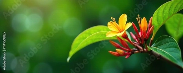 Fototapeta Spathodea campanulata branch with leaves and flowers, tropical tree branches, natural foliage, botanical photography