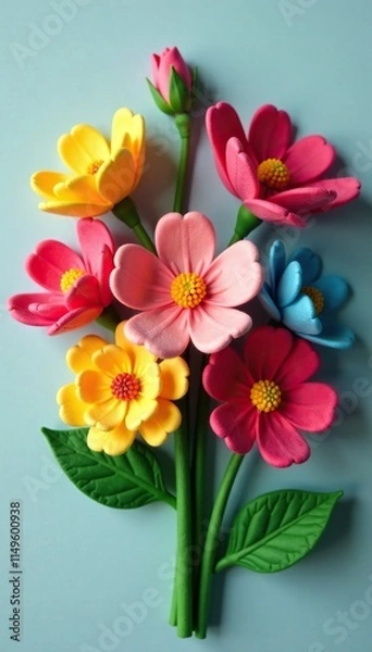 Fototapeta Felt flower bouquet with mixed colors and shapes, felt flowers, spring, textured