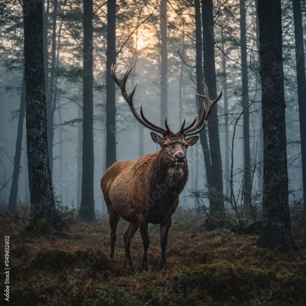 Obraz A majestic stag standing in a foggy forest clearing at dawn.