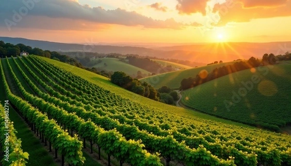 Fototapeta Rolling hills with golden light, vineyard rows stretching to the horizon, vineyard, green fields, sunset