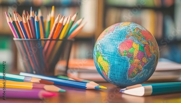 Fototapeta Exploring the World: Colorful Pencils and a Globe for Creative Global Learning Adventures