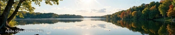Fototapeta Serene lake waters reflecting trees and sky at Chisago Chain of Lakes, tree, Minnesota, tranquility
