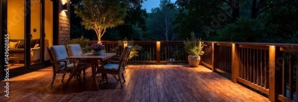 Obraz Interior of cottage veranda at dusk with lighting and lanterns.