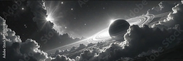Fototapeta Distant planet in the galaxy with swirling clouds of gas and dust in shades of grey and white, gases, abstract art, black and white