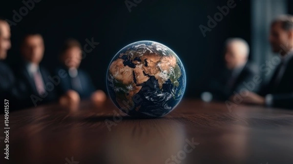 Fototapeta Business Meeting with Globe Representing Global Issues and Solutions