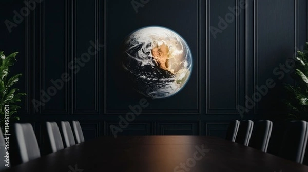 Fototapeta Earth Visual in Conference Room with Modern Dark Decor and Plants