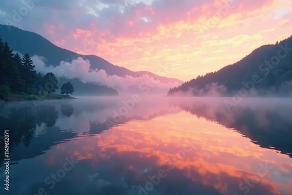 Fototapeta Misty lake at dawn with foggy water and a reflection of the sky in the calm surface, morning stillness, fog