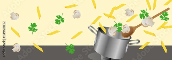 Obraz Kochtopf mit Pasta, Petersilie und Champignons