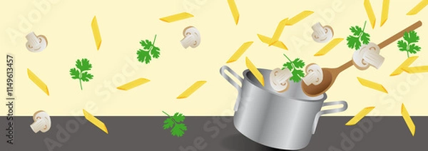 Obraz Kochtopf mit Pasta, Petersilie und Champignons