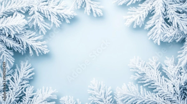 Fototapeta A frosty blue background framed by white snow-covered branches, evoking a winter wonderland atmosphere.