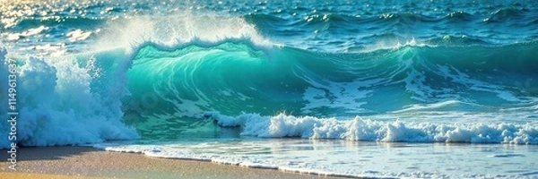Fototapeta Tropical ocean waves crashing against the shore, blue background with gold texture, wave, shoreline