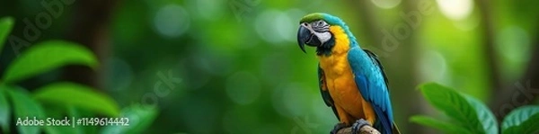 Fototapeta a single blue and yellow macaw perched on a branch with leaves, leafy branches, tropical greenery