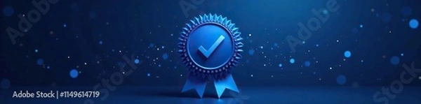 Fototapeta Blue award badge with checkmark and sparkles on a dark background, badge, checkmark, blue