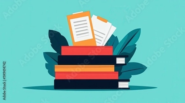 Fototapeta Colorful Stack of Books with Papers and Leaves in Modern Style