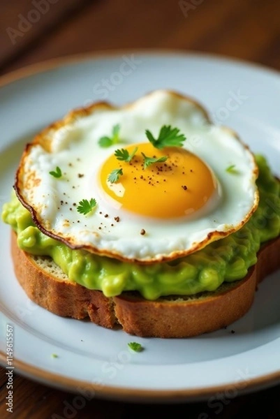 Fototapeta Detail view of a crispy fried egg on top of mashed avocado on whole grain toast, plate, brunch