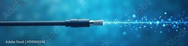 Fototapeta High speed fiber optic cable hanging from a metal power line on a blue background, power line, utility, high speed