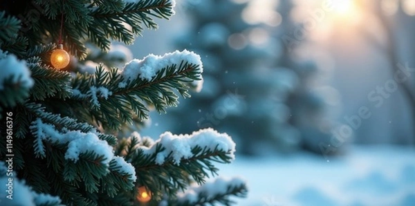 Fototapeta Icy foliage and frosty branches on a Christmas tree, holiday, abstract, bokeh