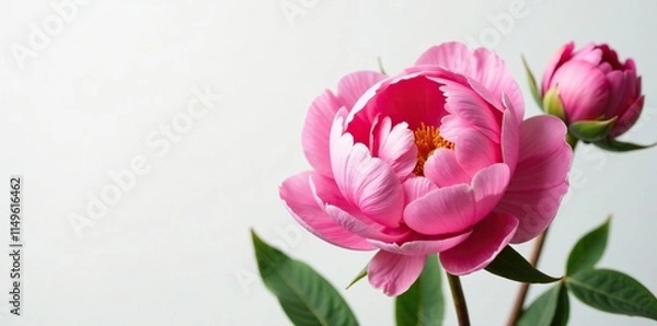 Fototapeta Large peony flowers unfolding on a white background, bloom, peonies