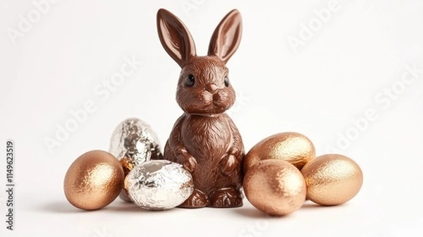 Fototapeta Chocolate Easter bunny and foil-wrapped eggs arranged in a festive display, isolated on a white background.
